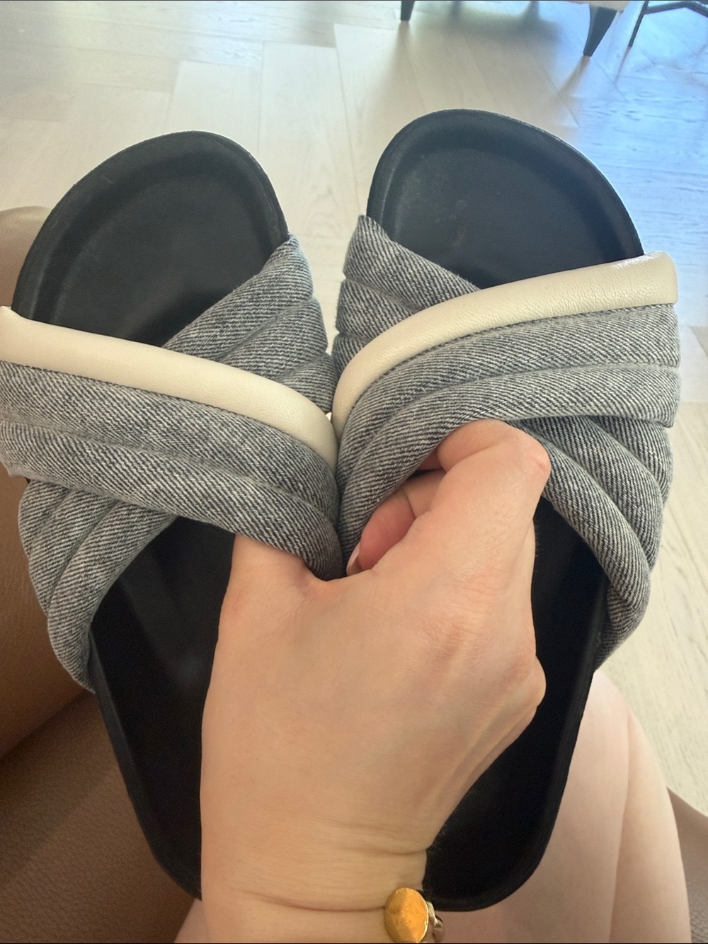 Isabel Marant Gray and White Twisted Strap Slide Sandals